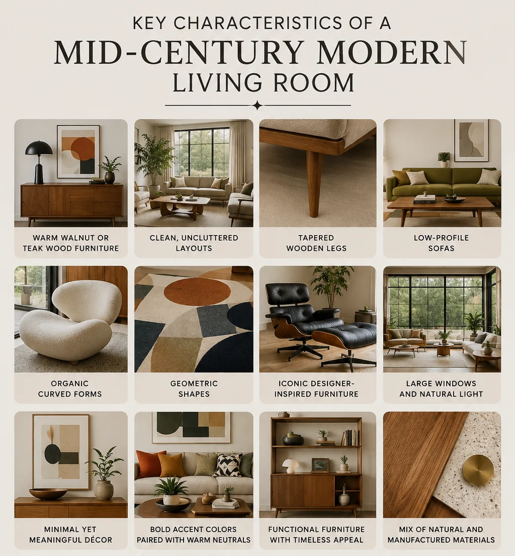 Key characteristics of a Mid-Century Modern living room, including walnut furniture, low-profile sofas, tapered legs, geometric shapes, natural light, bold accents and functional décor.
