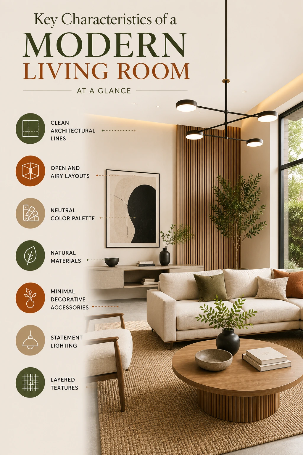 Modern living room infographic showing clean architectural lines, open layout, neutral color palette, natural materials, statement lighting, layered textures, and minimal decor.
