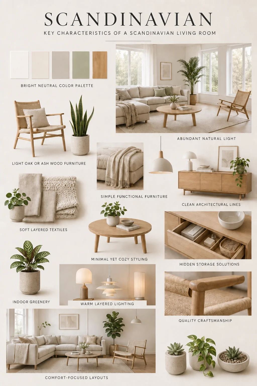 Scandinavian key characteristics mood board featuring a neutral color palette, Scandinavian furniture, light oak wood, wool and linen textiles, handmade ceramics, indoor plants, minimalist lighting, and Nordic design materials.
