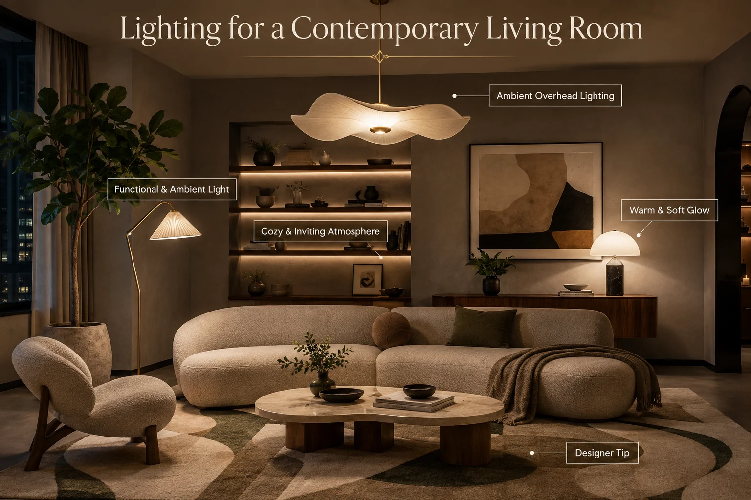Contemporary living room lighting guide with sculptural pendant, floor lamp, table lamp, ambient shelf lighting and warm layered illumination