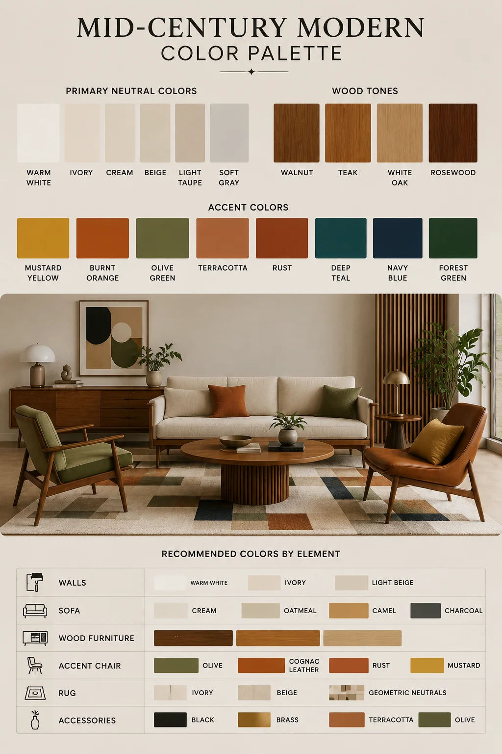 Mid-Century Modern color palette with warm neutrals, walnut and teak wood tones, mustard, burnt orange, olive green, terracotta, teal and navy accents.