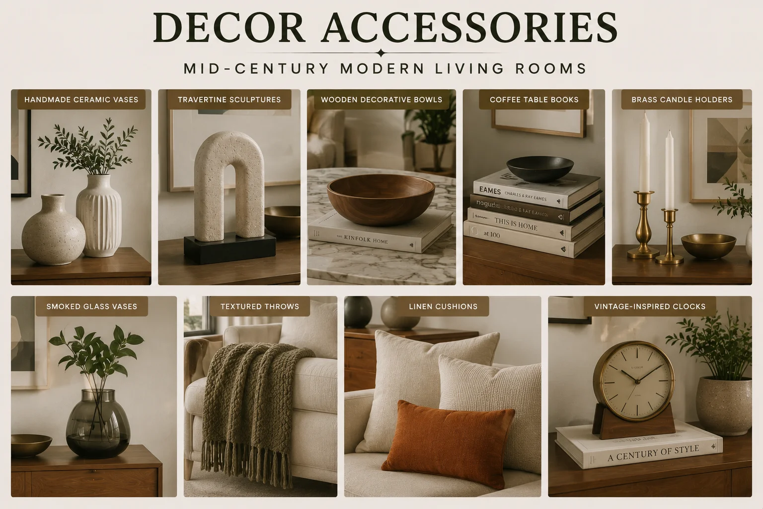 Mid-Century Modern living room décor accessories featuring ceramic vases, travertine sculptures, wooden bowls, brass candle holders, smoked glass, throws and linen cushions.