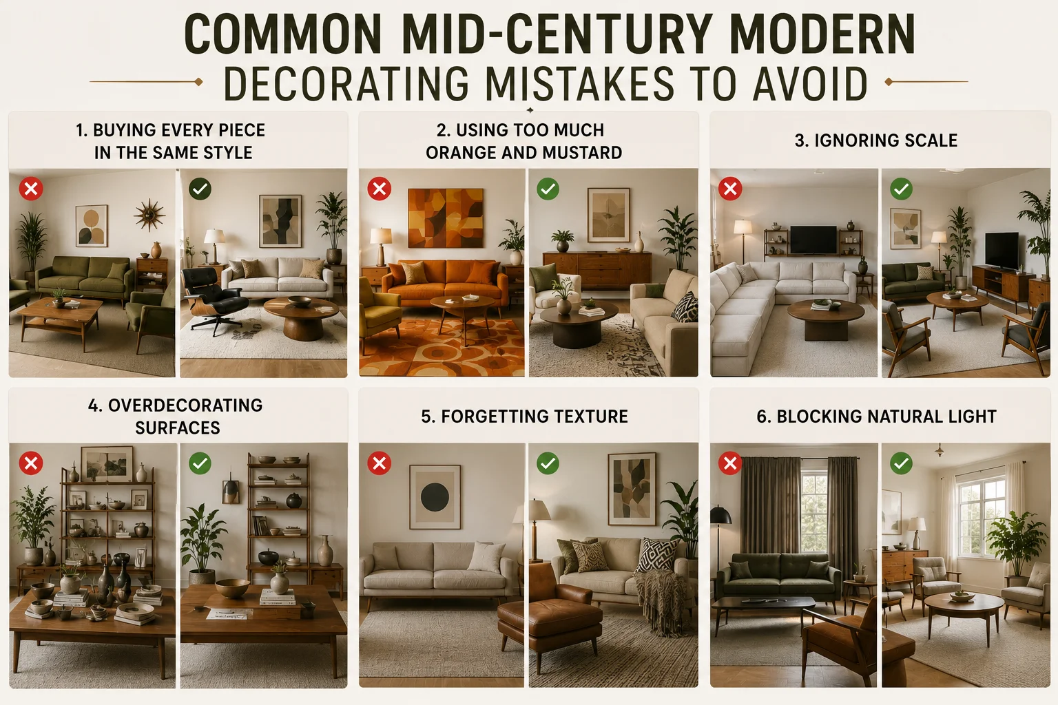 Common Mid-Century Modern decorating mistakes showing matching furniture, excessive accent colors, poor scale, cluttered surfaces, missing texture and blocked natural light.