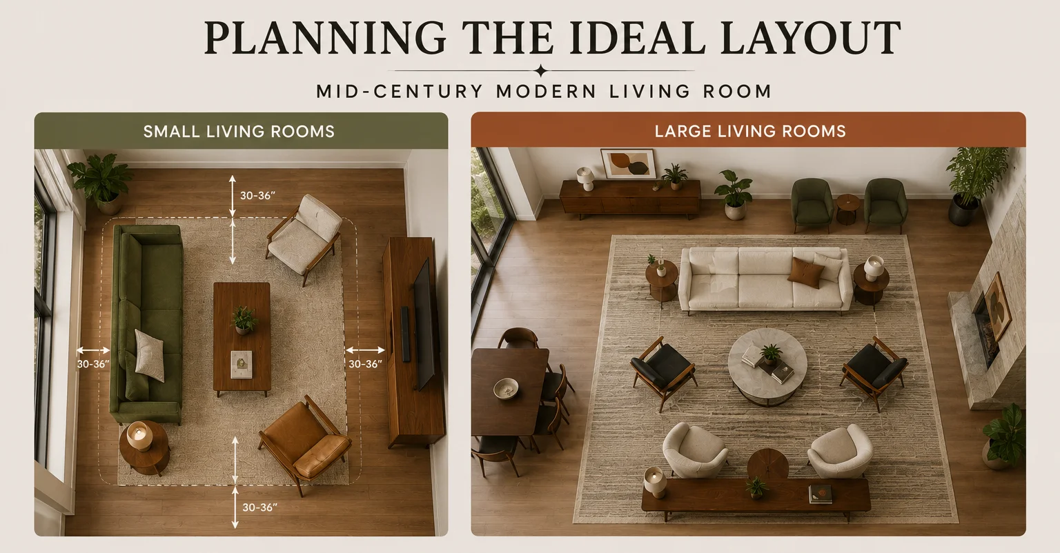 Mid-Century Modern living room layout guide comparing small and large spaces with furniture placement, conversation zones, rugs and 30–36 inch walkways.