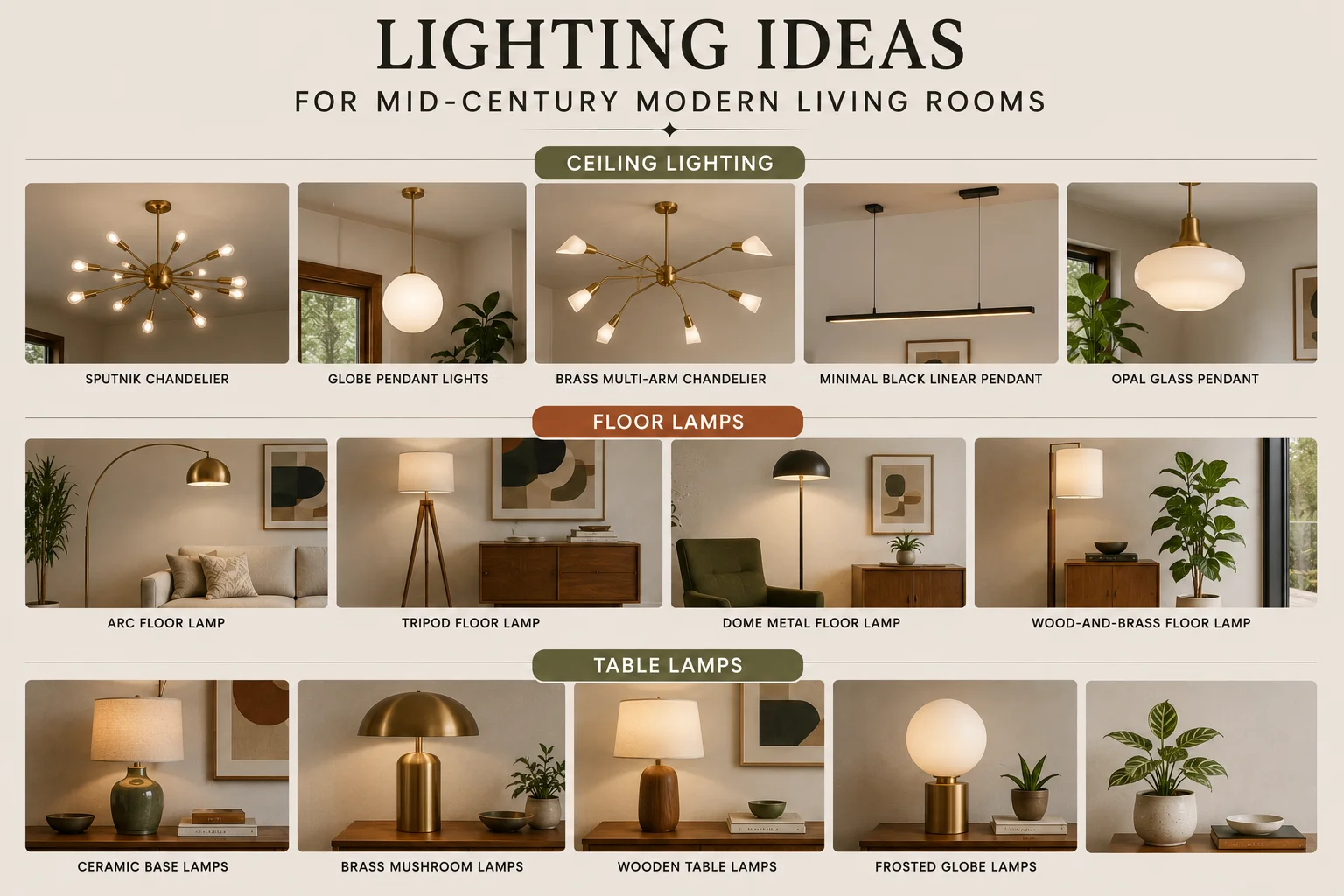 Mid-Century Modern living room lighting ideas featuring Sputnik chandeliers, globe pendants, arc floor lamps, brass lighting and sculptural table lamps.