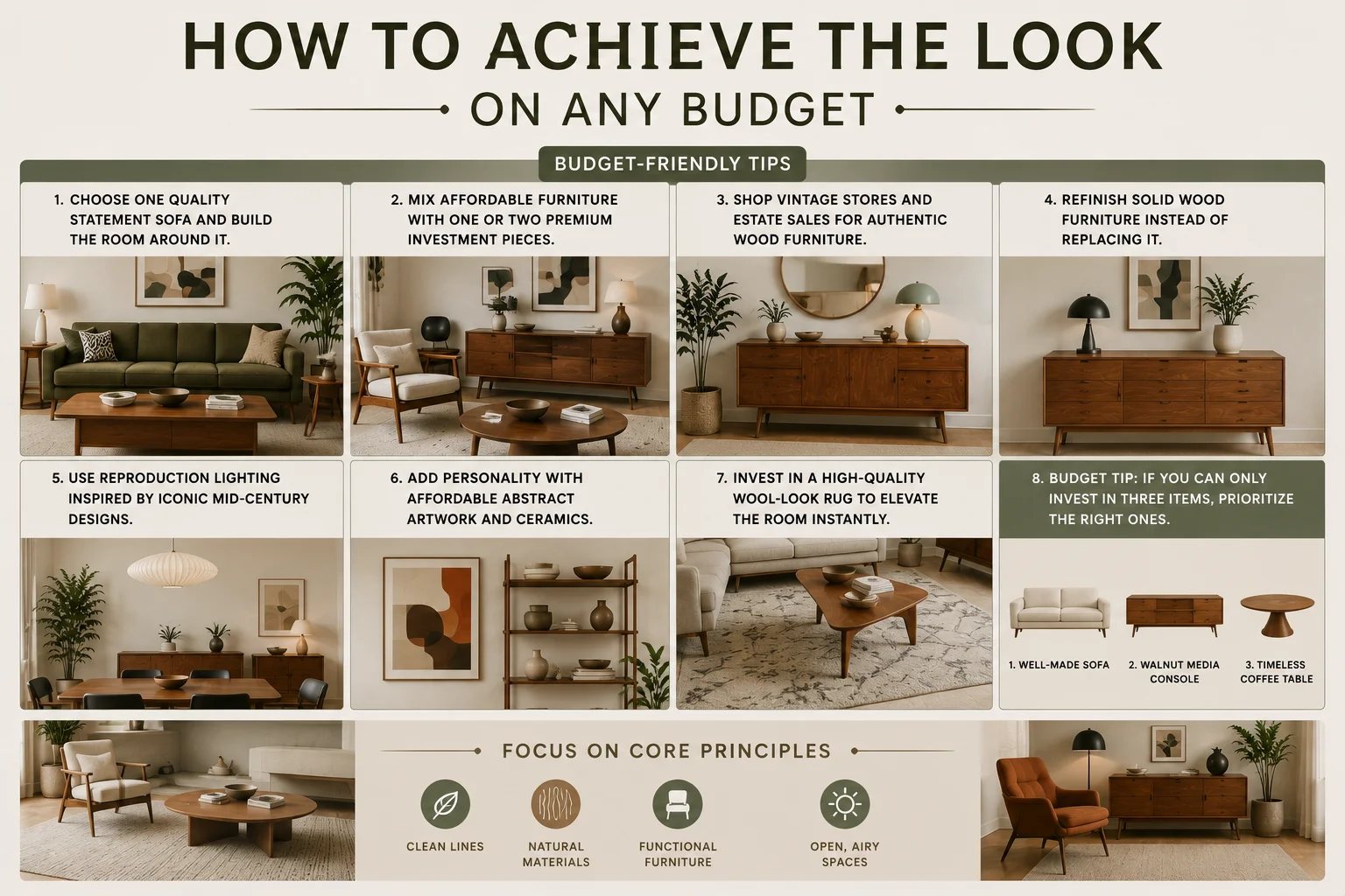Budget-friendly Mid-Century Modern living room ideas featuring affordable furniture, vintage wood pieces, statement lighting, abstract art and investment essentials.