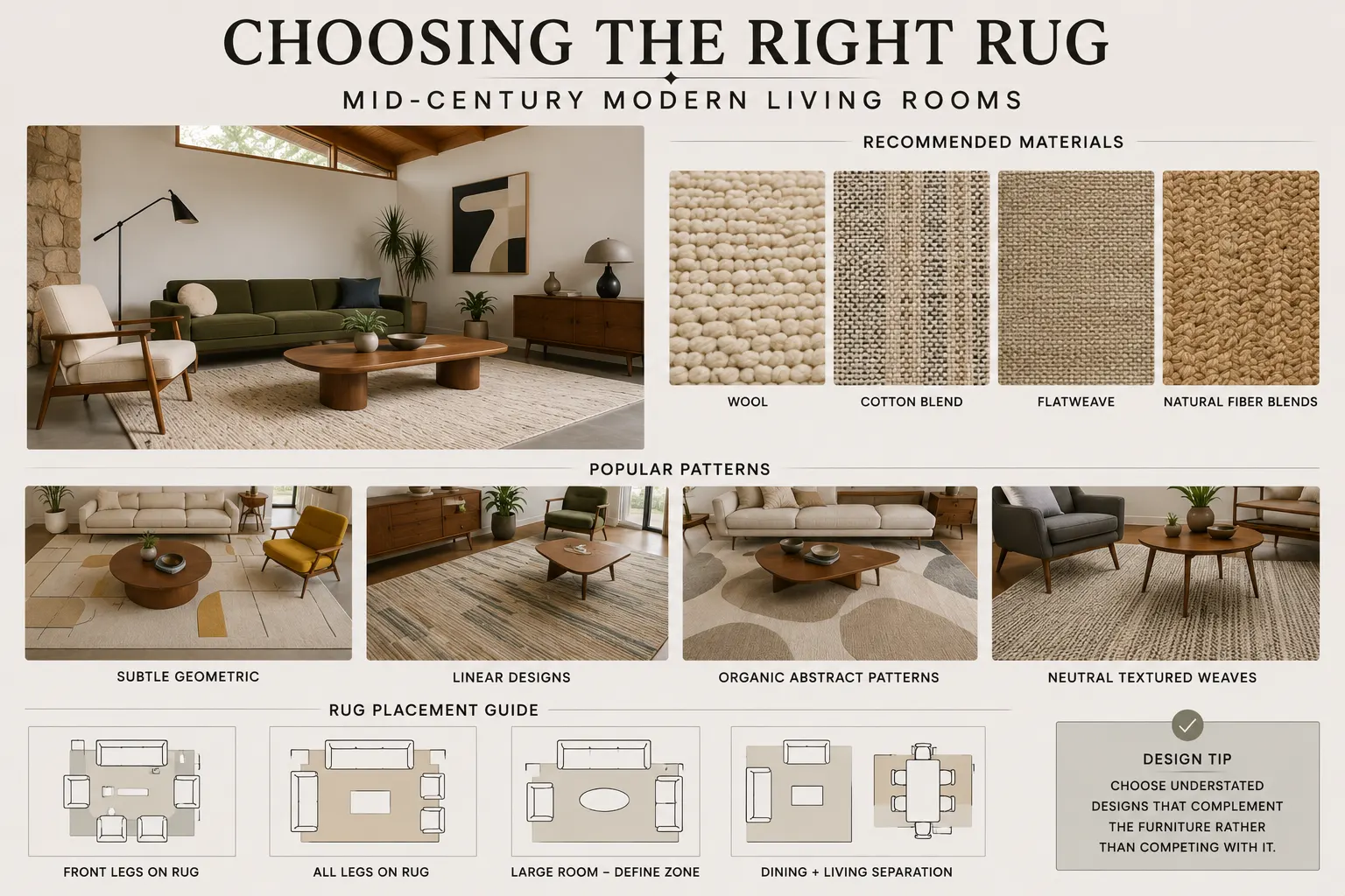 Mid-Century Modern living room rug guide featuring wool, cotton blend, flatweave and natural fiber rugs with geometric, linear and abstract patterns.