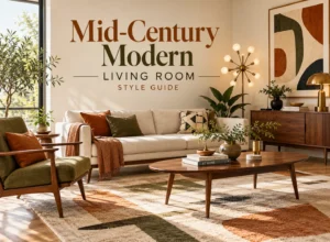 Mid-century modern living room with walnut furniture, olive accents, geometric rug and vintage-inspired lighting