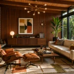 Luxury Mid-Century Modern living room with walnut slat wall, cream sofa, cognac leather lounge chair, Sputnik chandelier, geometric artwork, Bird of Paradise plant and rich wood finishes.