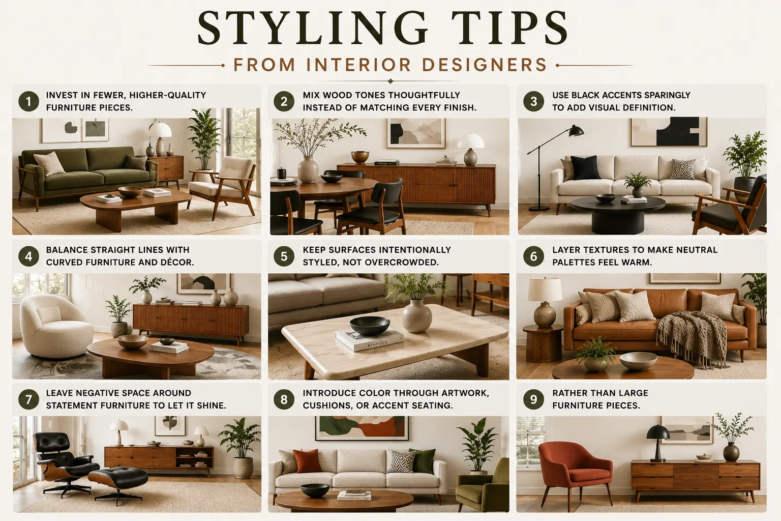 Mid-Century Modern living room styling tips showing mixed wood tones, curved furniture, layered textures, black accents, negative space and colorful accent seating.