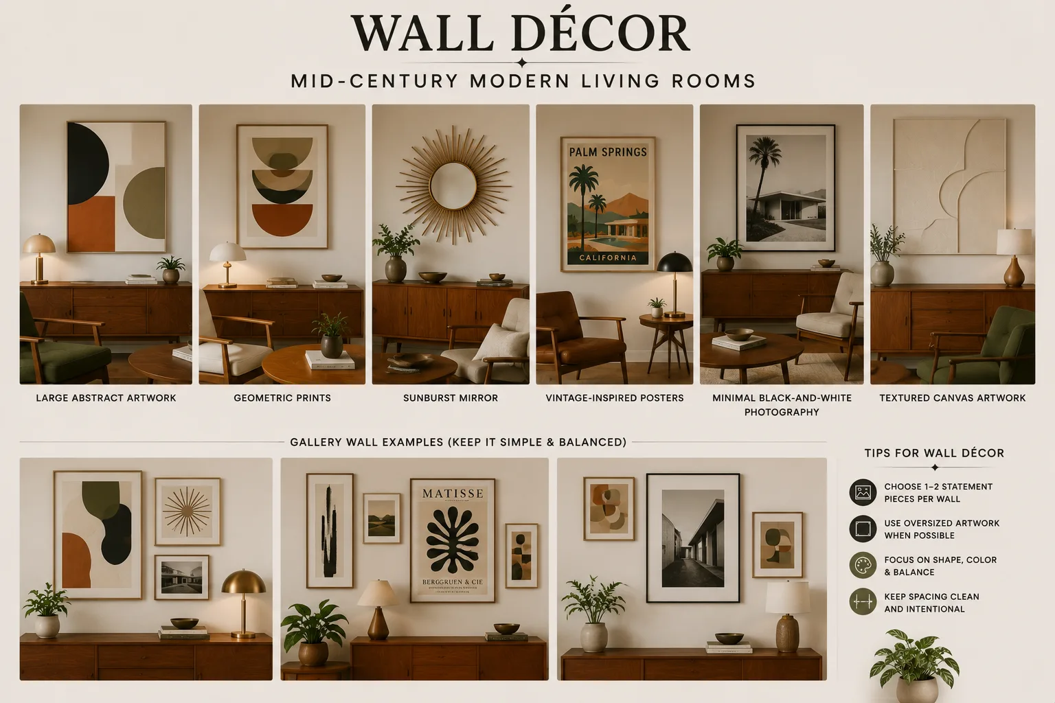 Mid-Century Modern wall décor ideas featuring abstract artwork, geometric prints, sunburst mirrors, vintage posters, black-and-white photography and textured canvas art.