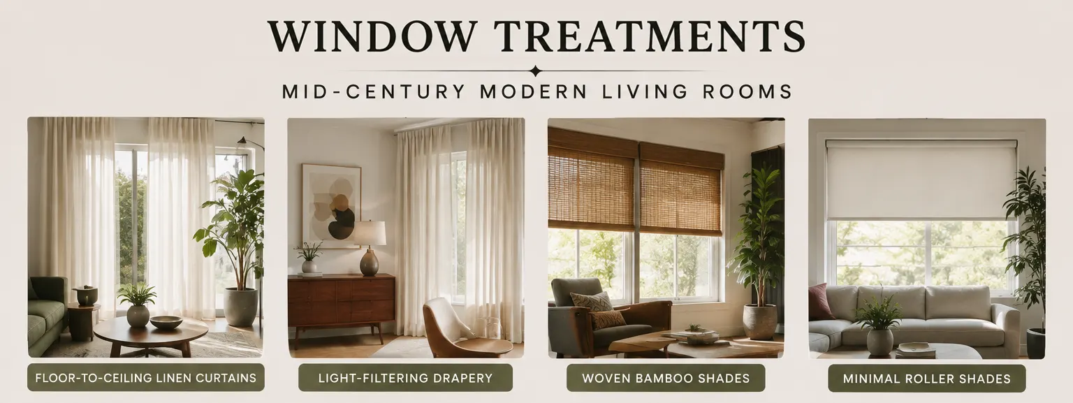 Mid-Century Modern living room window treatments featuring floor-to-ceiling linen curtains, light-filtering drapery, bamboo shades and minimal roller shades.