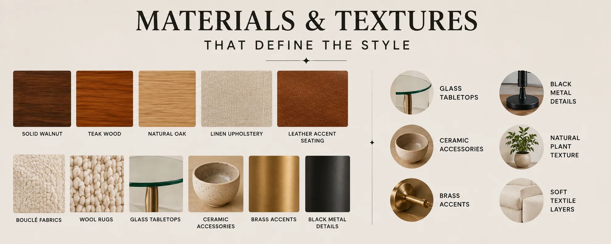 Mid-Century Modern materials and textures guide featuring walnut, teak, oak, linen, leather, bouclé, wool, glass, ceramic, brass and black metal.