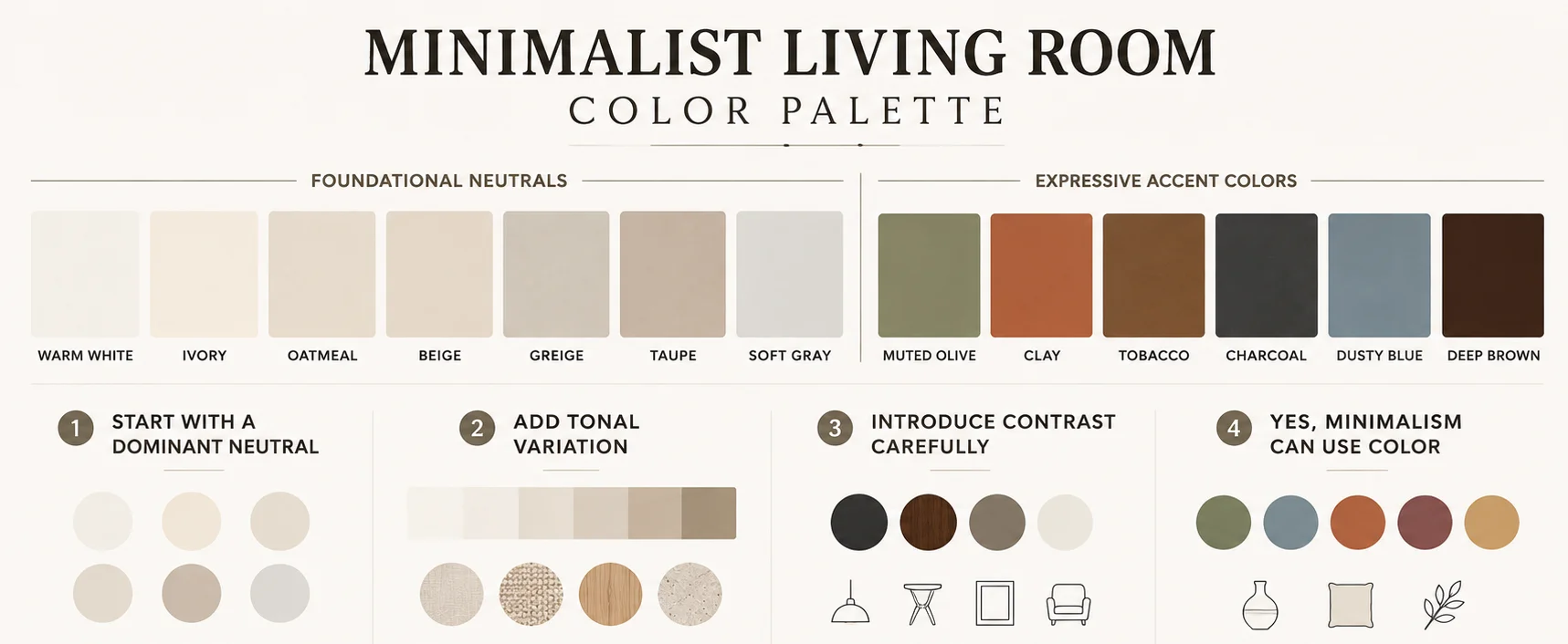 Minimalist living room color palette infographic with warm neutrals, muted accent colors, tonal variations and contrast ideas.