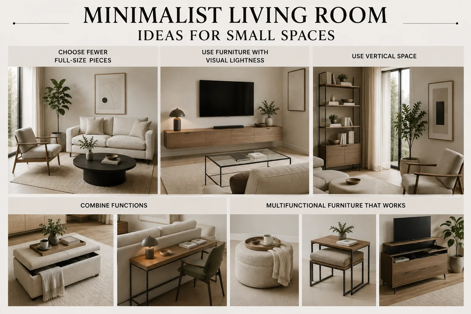 Minimalist living room ideas for small spaces showing full-size furniture, visual lightness, vertical storage and multifunctional furniture.