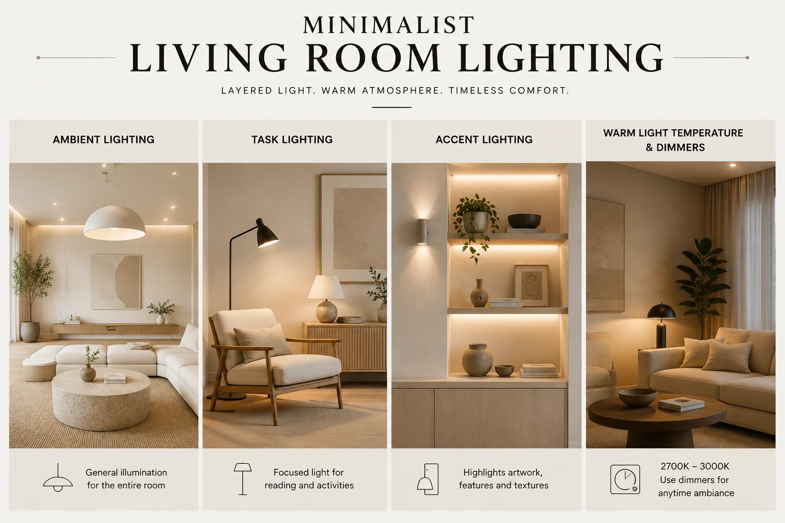 Minimalist living room lighting guide showing ambient, task and accent lighting with warm 2700K–3000K light and dimmers.