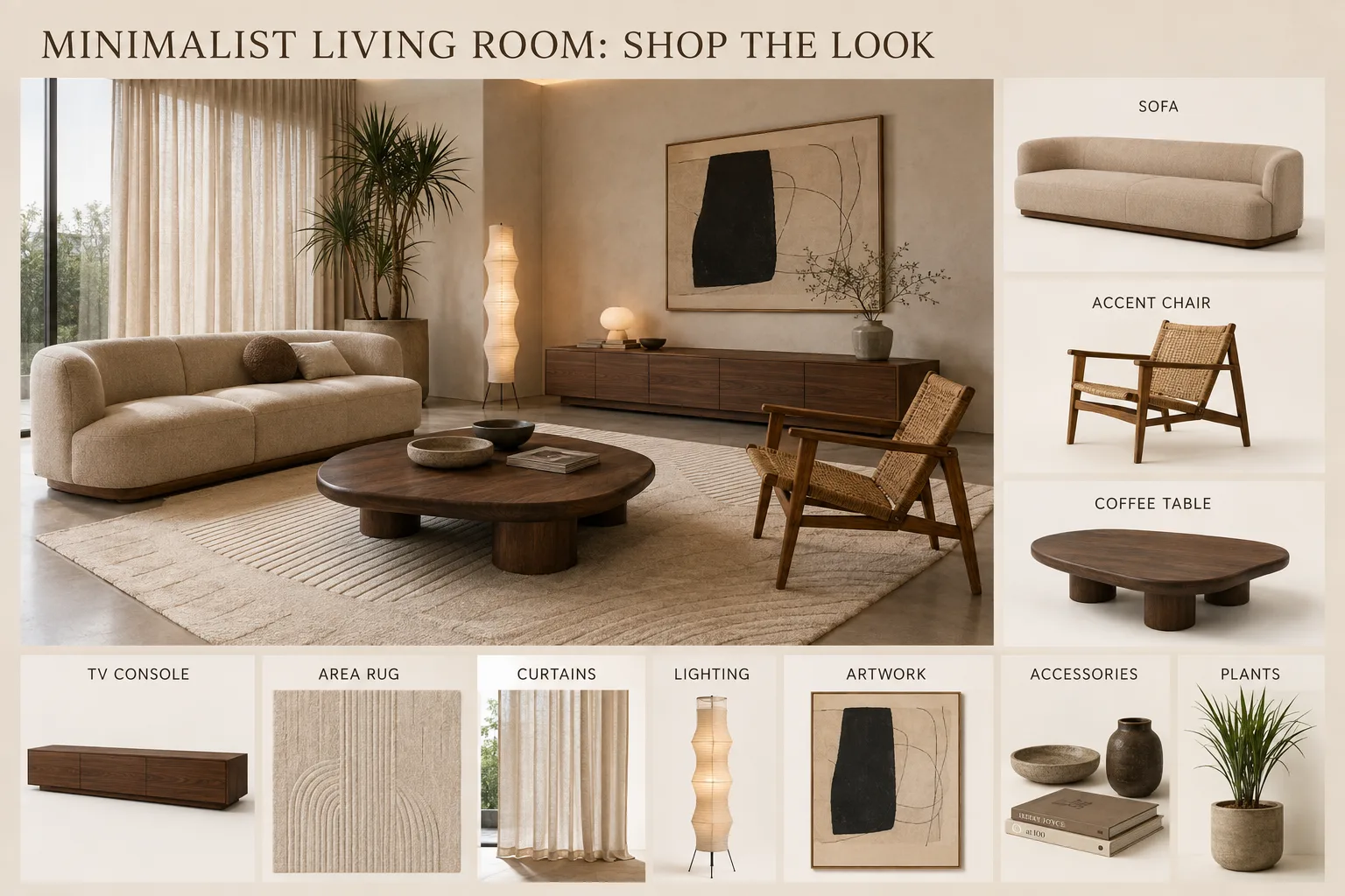 Minimalist living room Shop the Look guide featuring sofa, accent chair, coffee table, TV console, rug, curtains, lighting, artwork, accessories and plant.