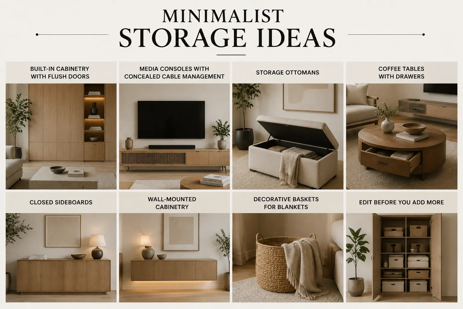 Minimalist living room storage ideas showing built-in cabinetry, concealed media storage, storage ottoman, drawer coffee table, sideboard and blanket basket.
