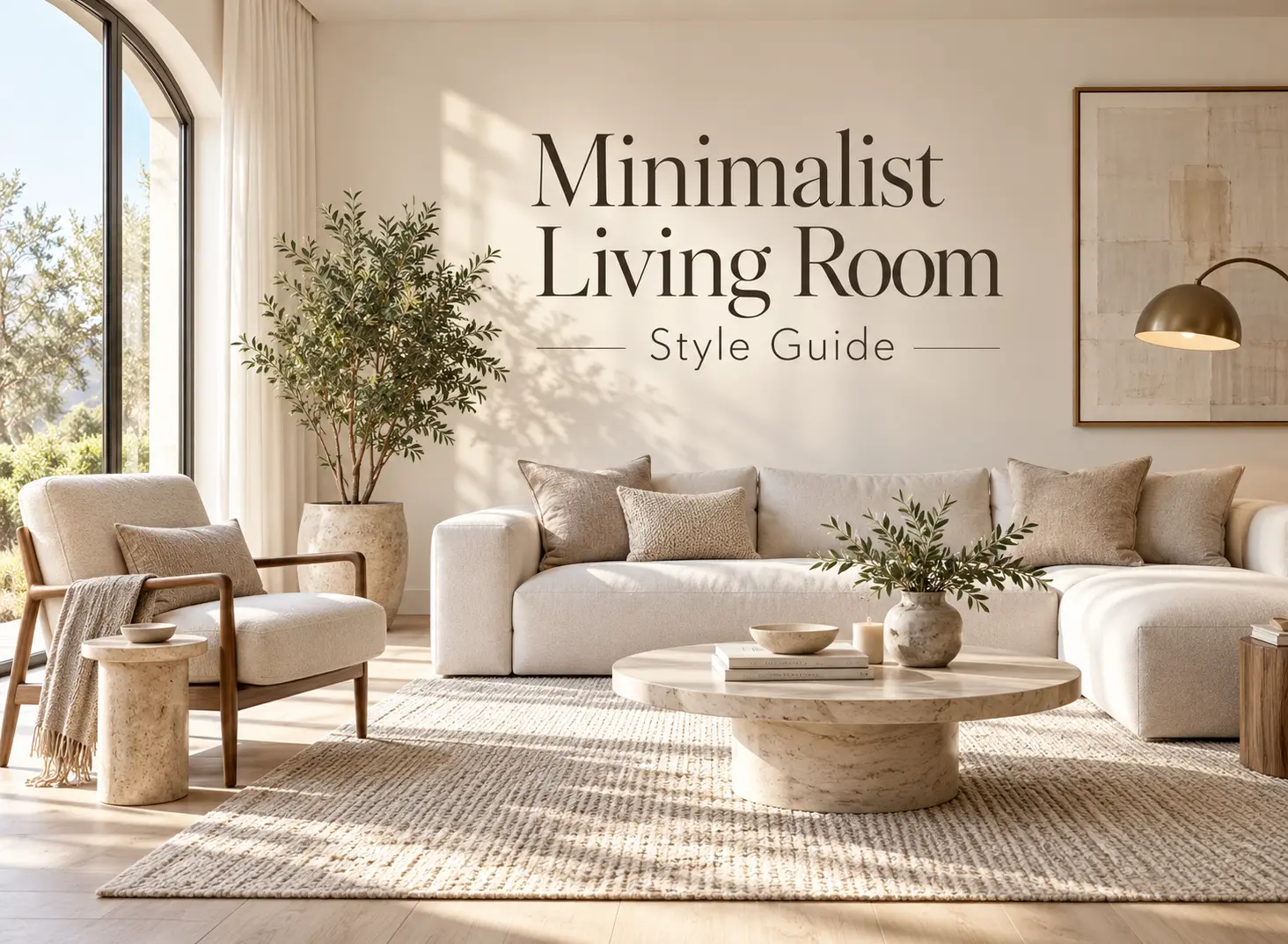 Minimalist living room with neutral furniture, natural materials, textured rug, stone coffee table and warm modern decor