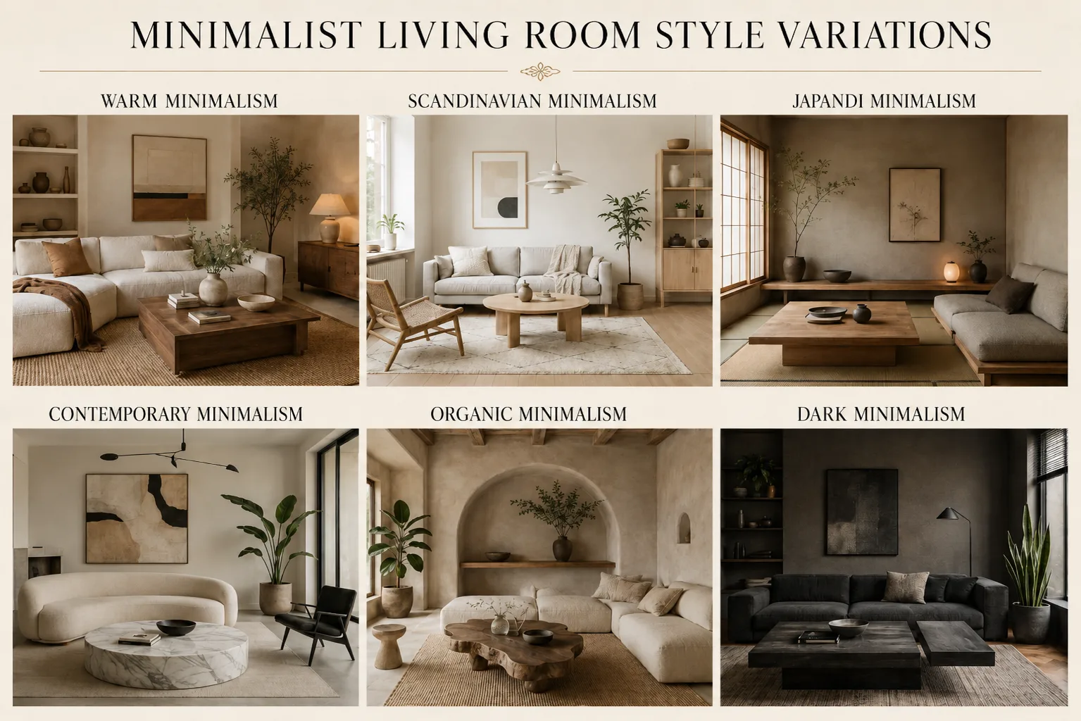 Minimalist living room style variations showing warm, Scandinavian, Japandi, contemporary, organic and dark minimalist interiors.