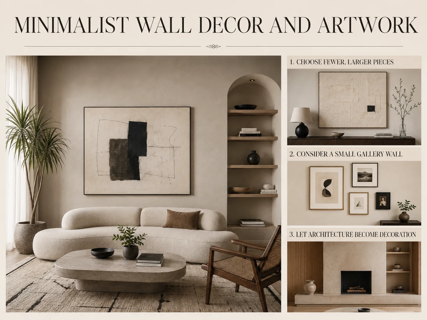 Minimalist wall decor and artwork guide showing oversized art, a small gallery wall and architectural features as decoration in a minimalist living room.