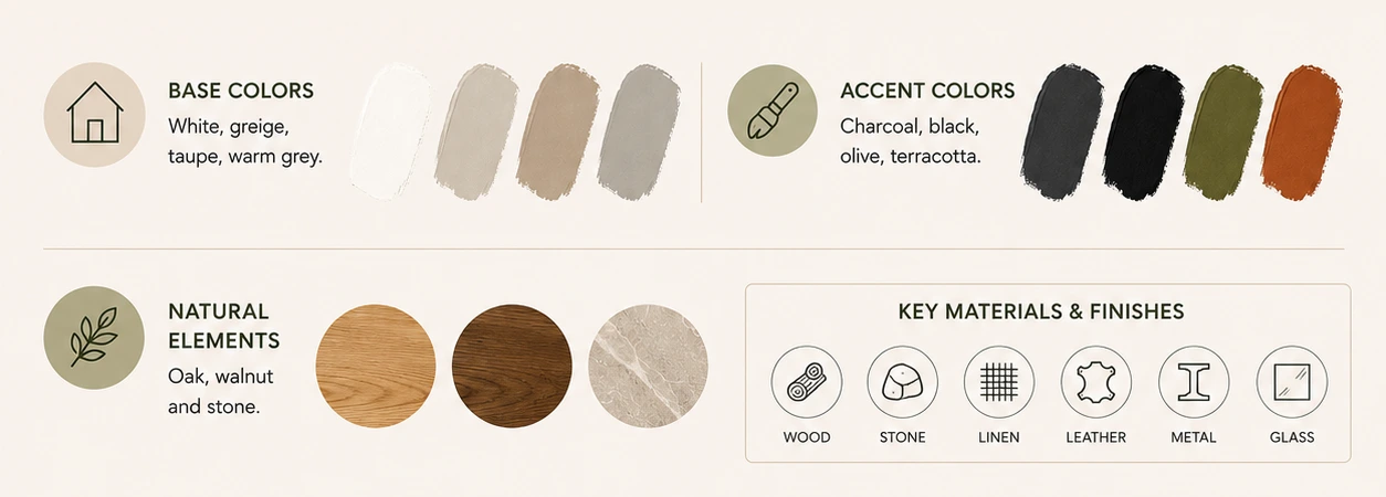 Modern living room color palette featuring warm white, greige, taupe, warm gray, charcoal, olive, terracotta, oak, walnut and natural stone materials.
