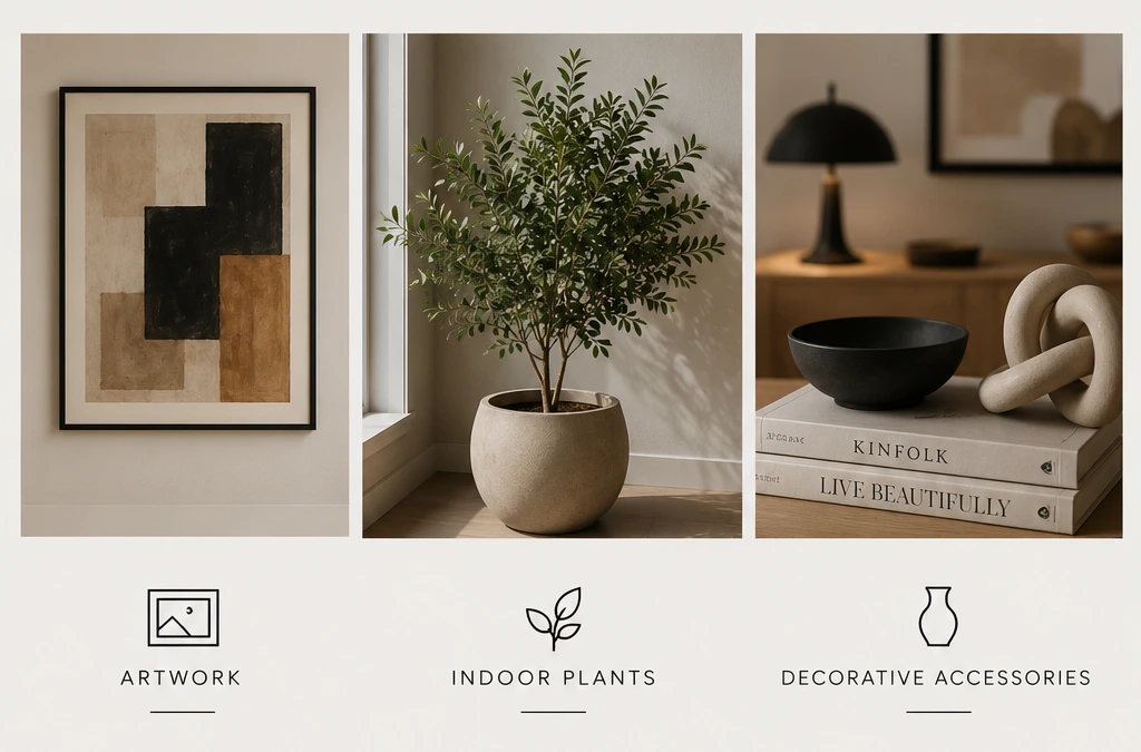 Modern living room featuring abstract artwork, indoor plants, and decorative accessories in a warm minimalist interior design.