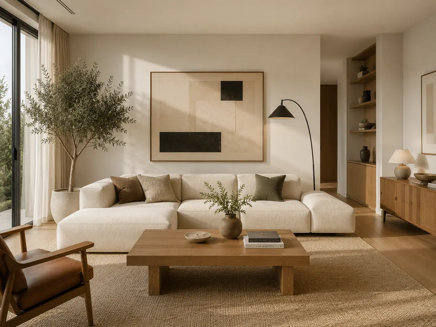 Timeless modern living room featuring a cream modular sofa, oak coffee table, white walls, natural oak flooring, oversized abstract artwork, linen curtains, sculptural lighting, and an indoor olive tree.
