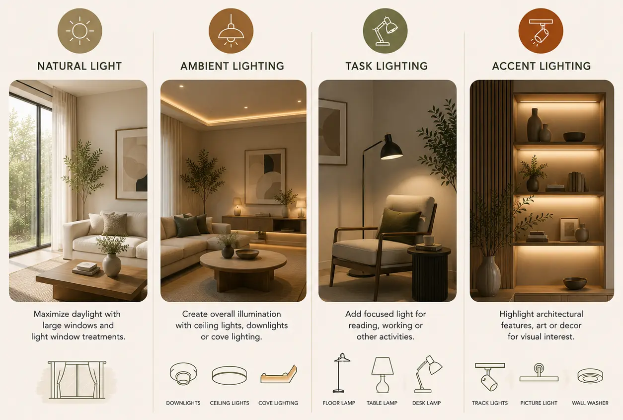 Modern living room lighting guide showing natural light, ambient lighting, task lighting and accent lighting with contemporary lighting examples and fixtures.