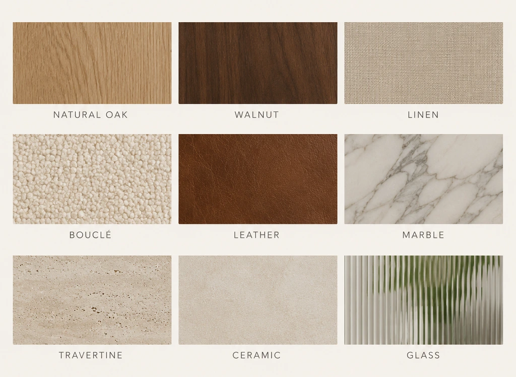 Modern living room featuring warm natural materials including oak, walnut, linen, bouclé, leather, marble, travertine, ceramic, and glass in a contemporary interior design mood board.