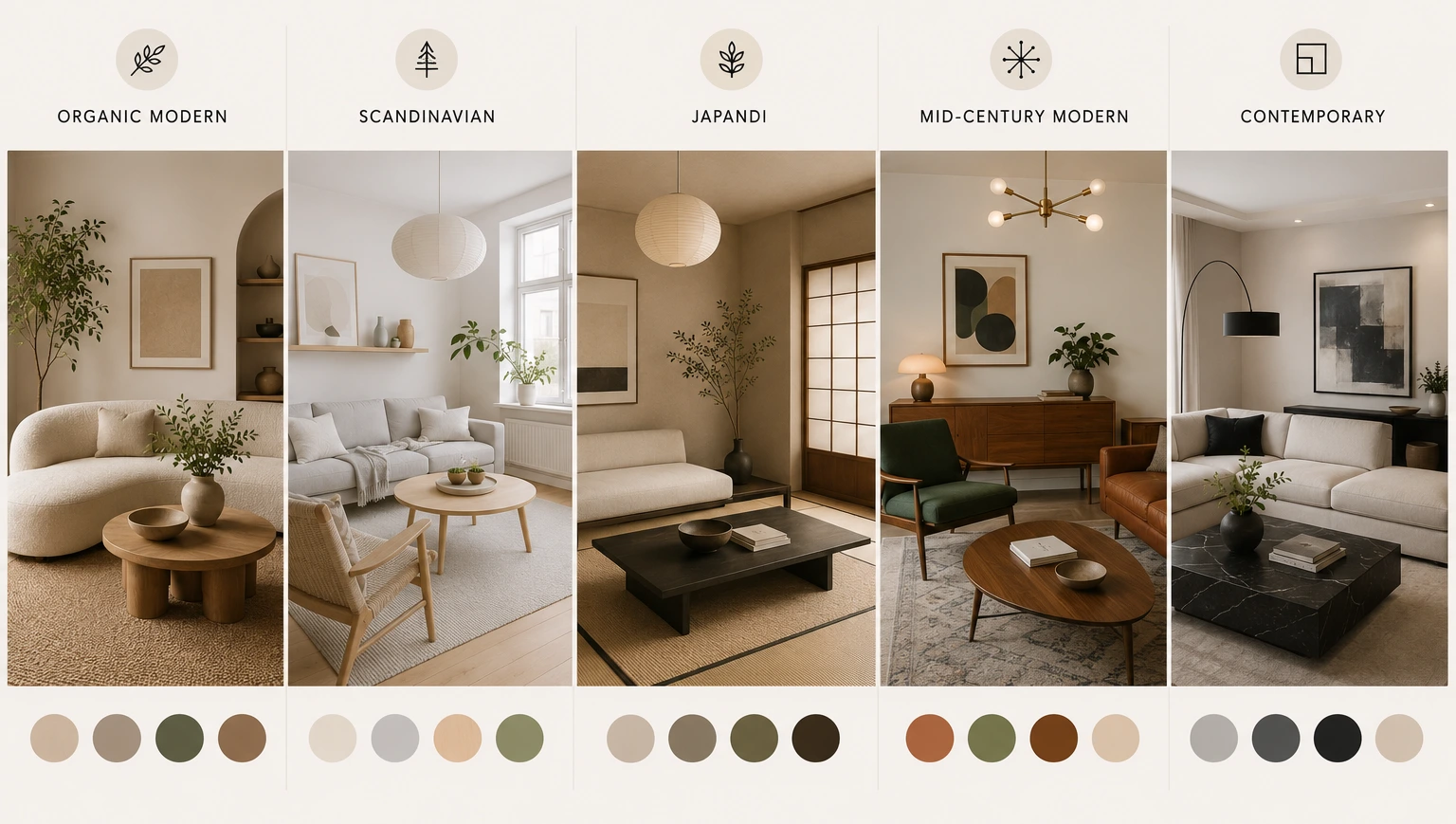 Comparison of Organic Modern, Scandinavian, Japandi, Mid-Century Modern and Contemporary living room styles in one visual guide.