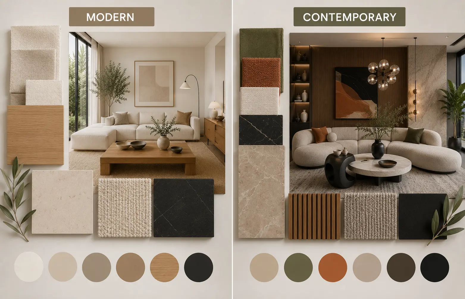 Mood board comparing modern and contemporary living room color palettes featuring warm neutrals, oak wood, olive green, terracotta, textured stone and black accents.