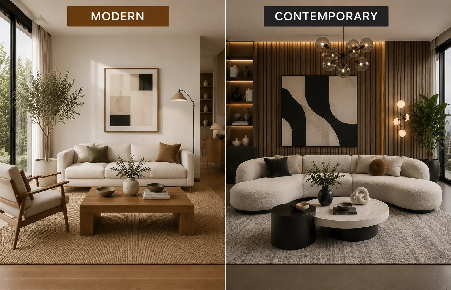 Side-by-side comparison of modern and contemporary living room furniture featuring clean-lined oak furniture on the left and curved sculptural furniture with mixed materials on the right.