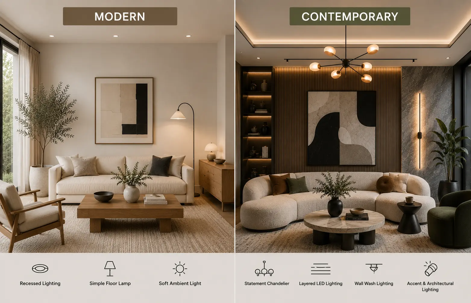 Split-screen comparison of modern and contemporary living room lighting featuring a minimalist floor lamp and recessed lighting on the left with a sculptural chandelier, layered LED lighting, and architectural lighting details on the right.