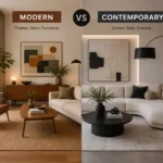 Split comparison of a modern and contemporary living room showing differences in furniture, lighting, materials, colors, and interior design style.
