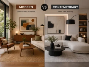 Split comparison of a modern and contemporary living room showing differences in furniture, lighting, materials, colors, and interior design style.