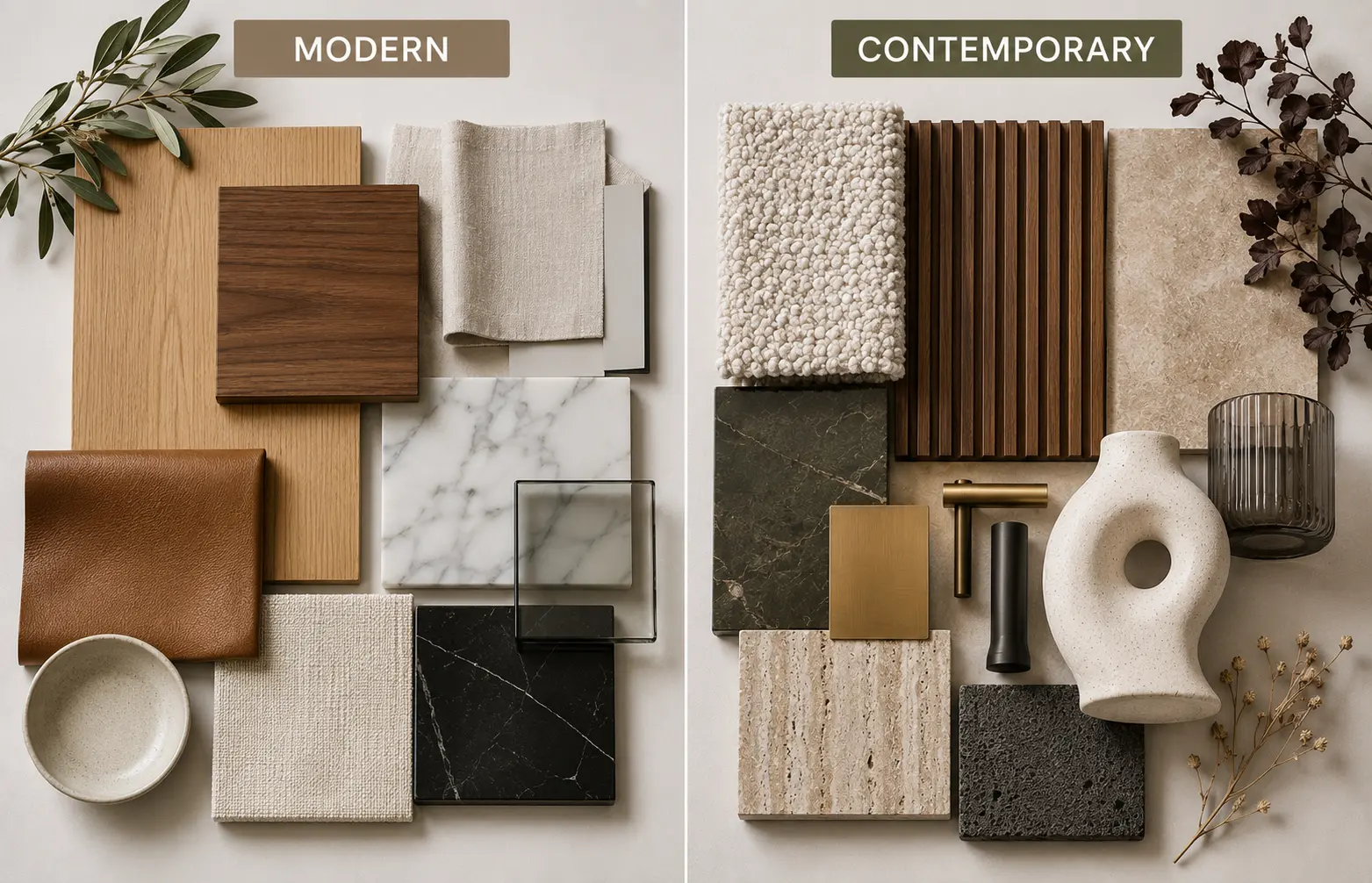 Side-by-side comparison of modern and contemporary interior design materials featuring oak, walnut, leather, linen, marble, glass, bouclé, fluted wood, travertine, mixed metals, textured stone and sculptural ceramics.