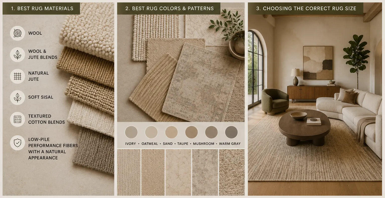 Organic Modern area rug guide showing wool, jute and textured rug materials, warm neutral colors, subtle patterns and correct living room rug sizing.