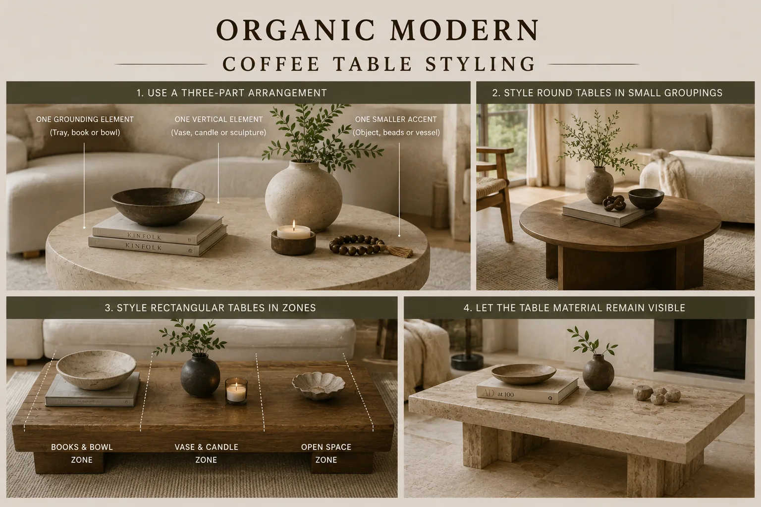 Organic Modern coffee table styling guide showing three-part arrangements, round and rectangular table styling, natural materials and minimalist decor.