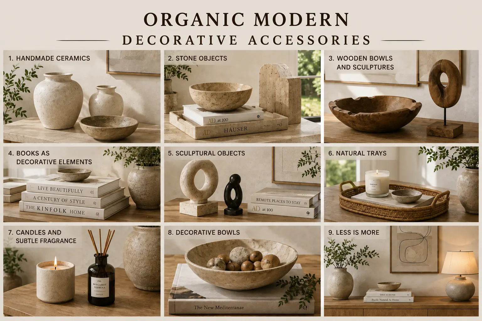 Organic Modern decorative accessories featuring handmade ceramics, stone objects, wooden bowls, design books, sculptures, natural trays and candles.