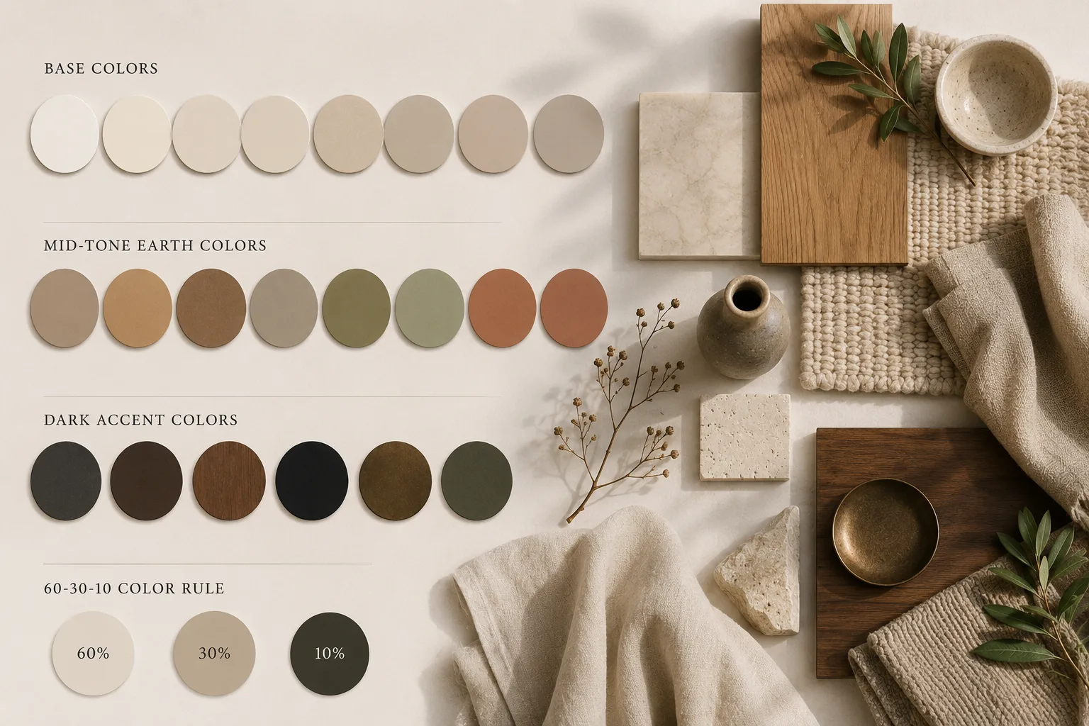 Organic Modern living room color palette with warm neutrals, earthy mid-tones, dark accents, natural wood, stone, linen and the 60-30-10 color rule.