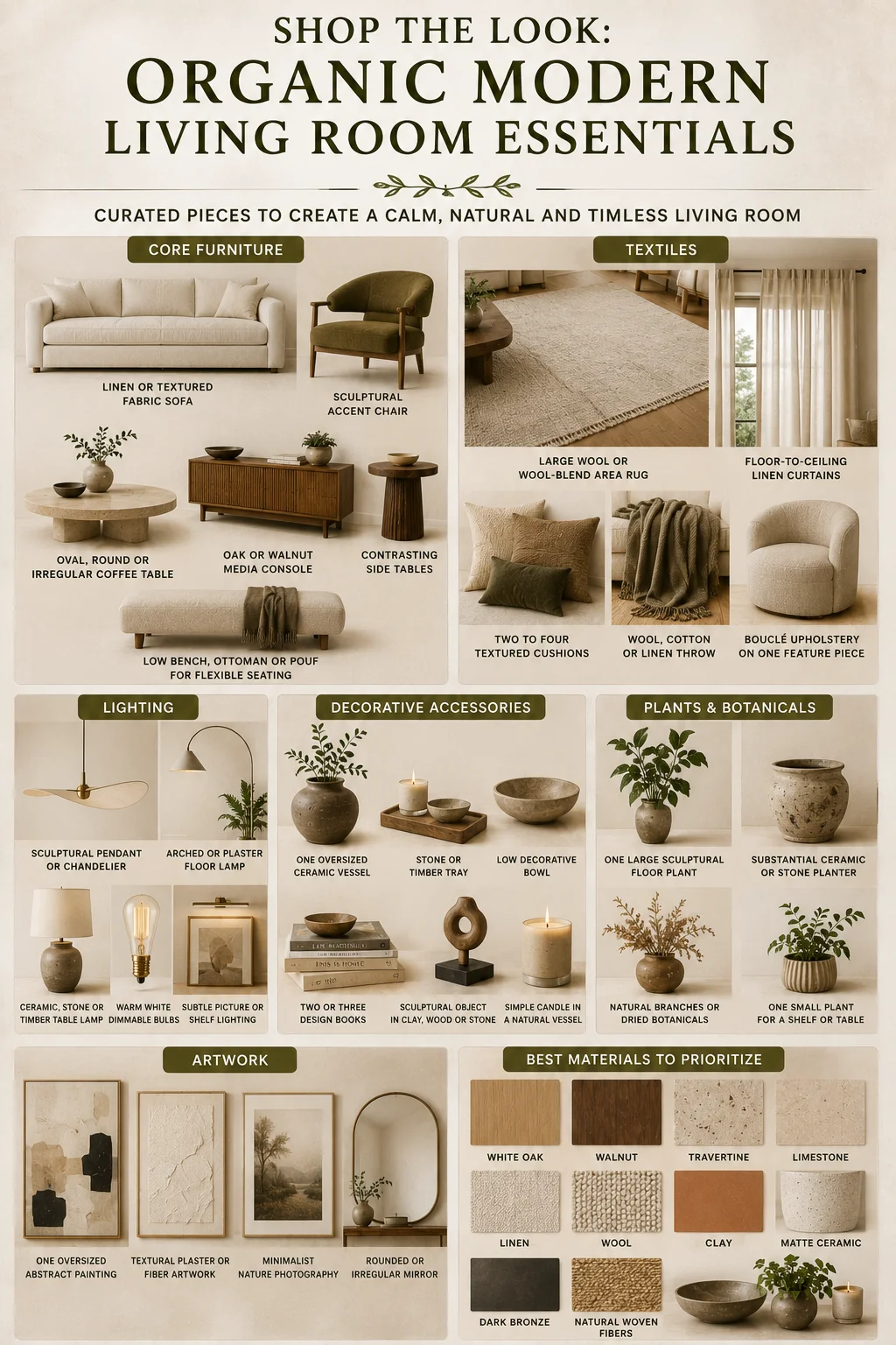 Organic modern living room essentials featuring furniture, textiles, lighting, decor, plants, artwork and natural materials.