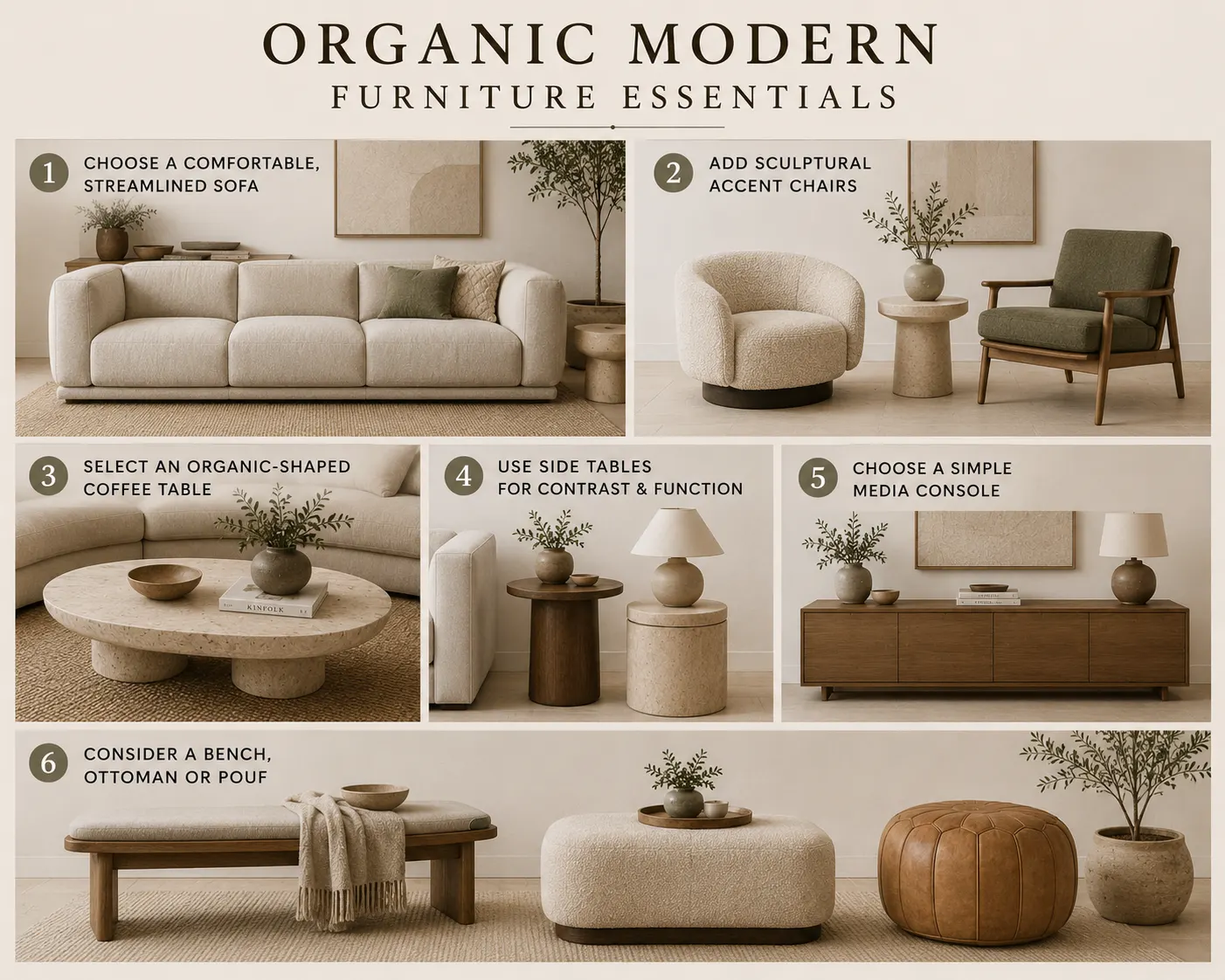 Organic Modern furniture essentials infographic featuring a streamlined sofa, sculptural accent chairs, organic-shaped coffee table, side tables, wood media console, bench, ottoman and pouf.