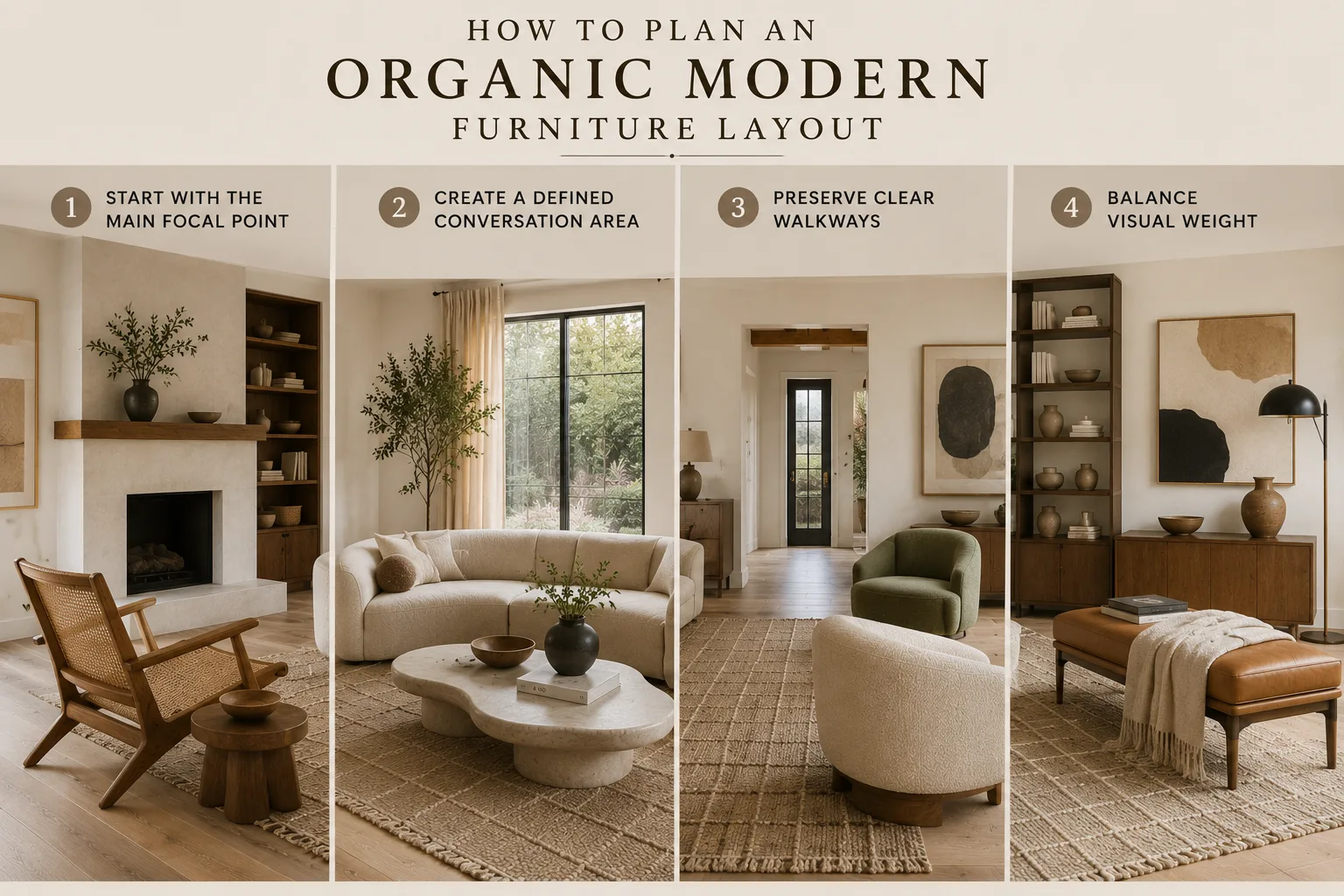 How to plan an Organic Modern furniture layout with a focal point, defined conversation area, clear walkways and balanced visual weight.