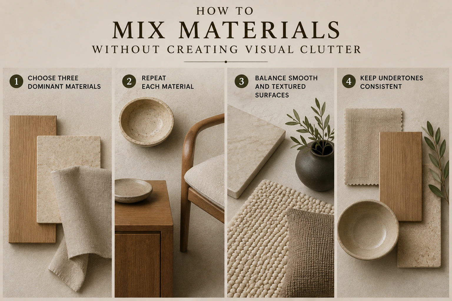 How to mix materials in an Organic Modern living room using natural wood, stone, linen and textured fabrics without creating visual clutter.