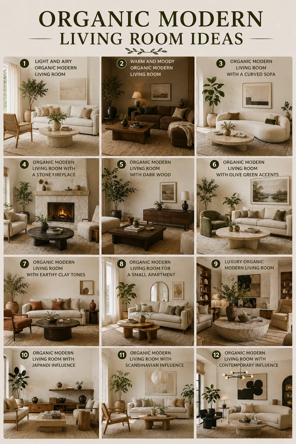 Organic modern living room ideas featuring light and airy, moody, curved sofa, stone fireplace, dark wood, olive green, Japandi and Scandinavian styles
