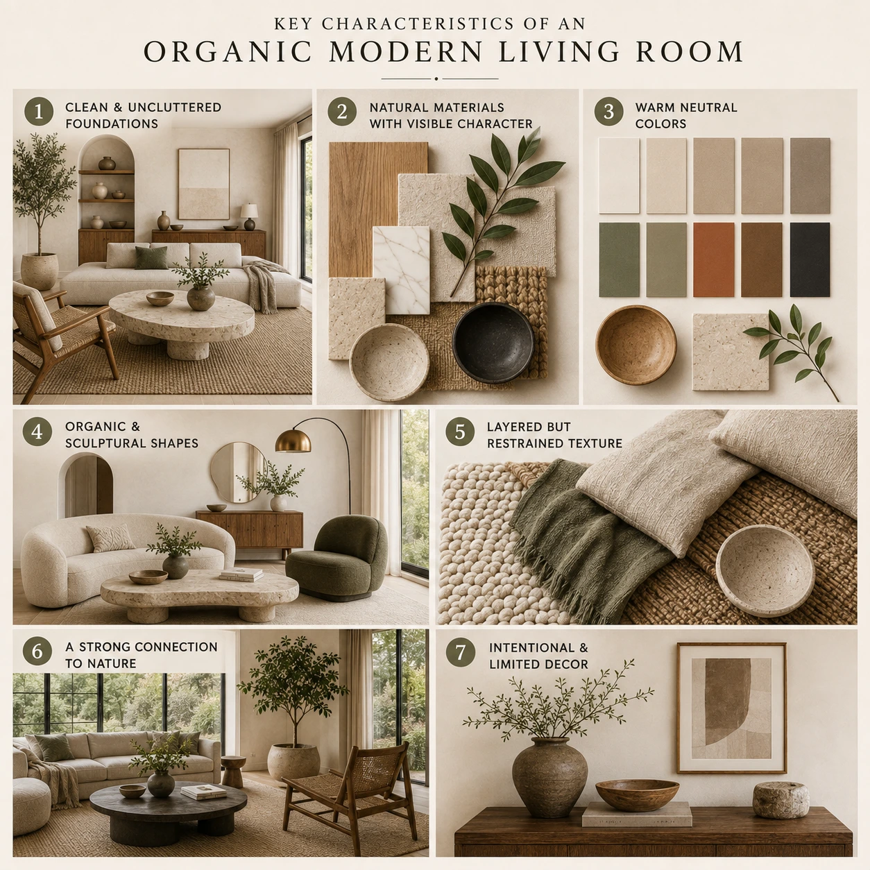 Key characteristics of an Organic Modern living room featuring natural materials, warm neutral colors, sculptural shapes, layered textures and minimal decor.