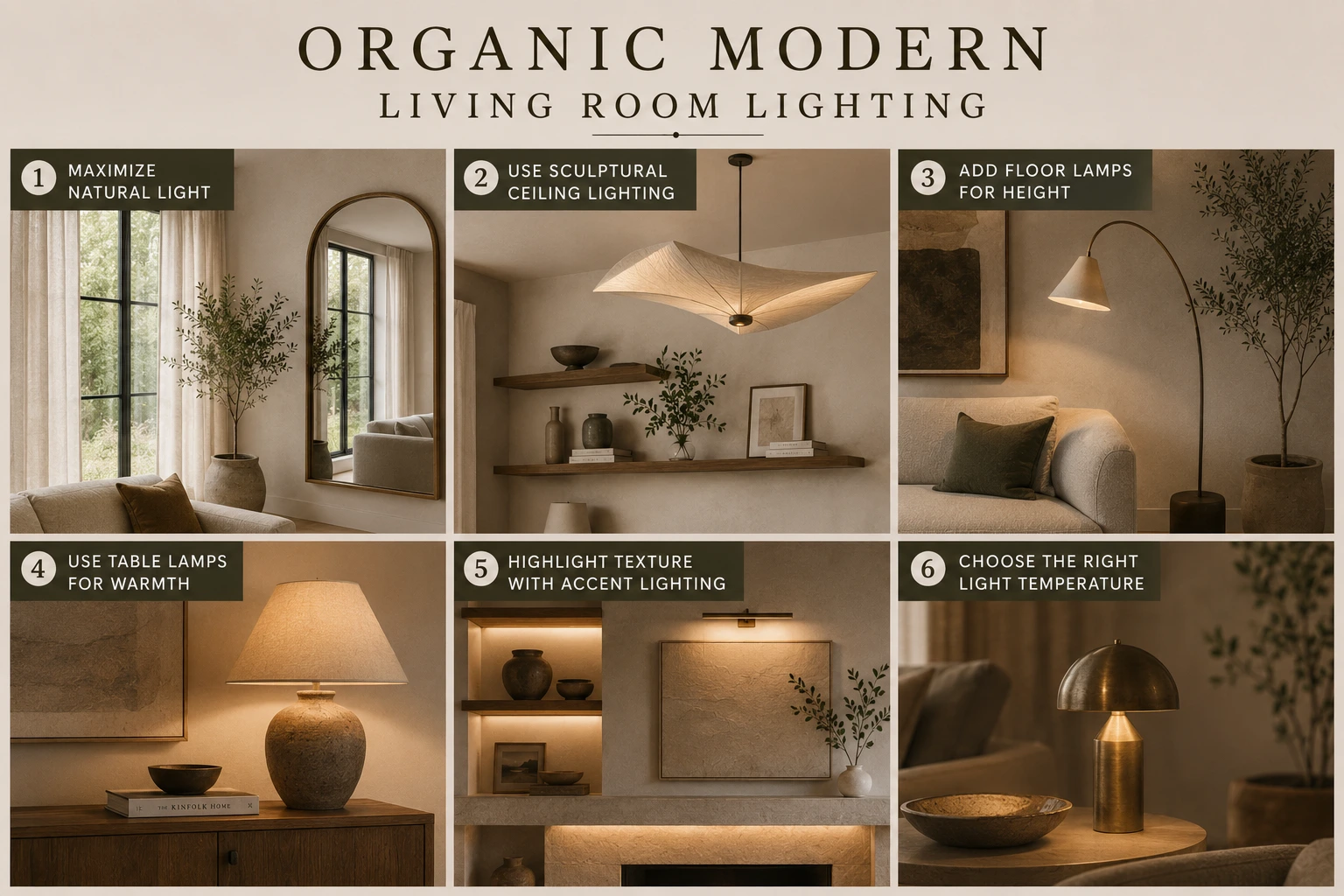 Organic Modern living room lighting guide featuring natural light, sculptural ceiling lighting, floor lamps, table lamps, accent lighting and warm light temperatures.