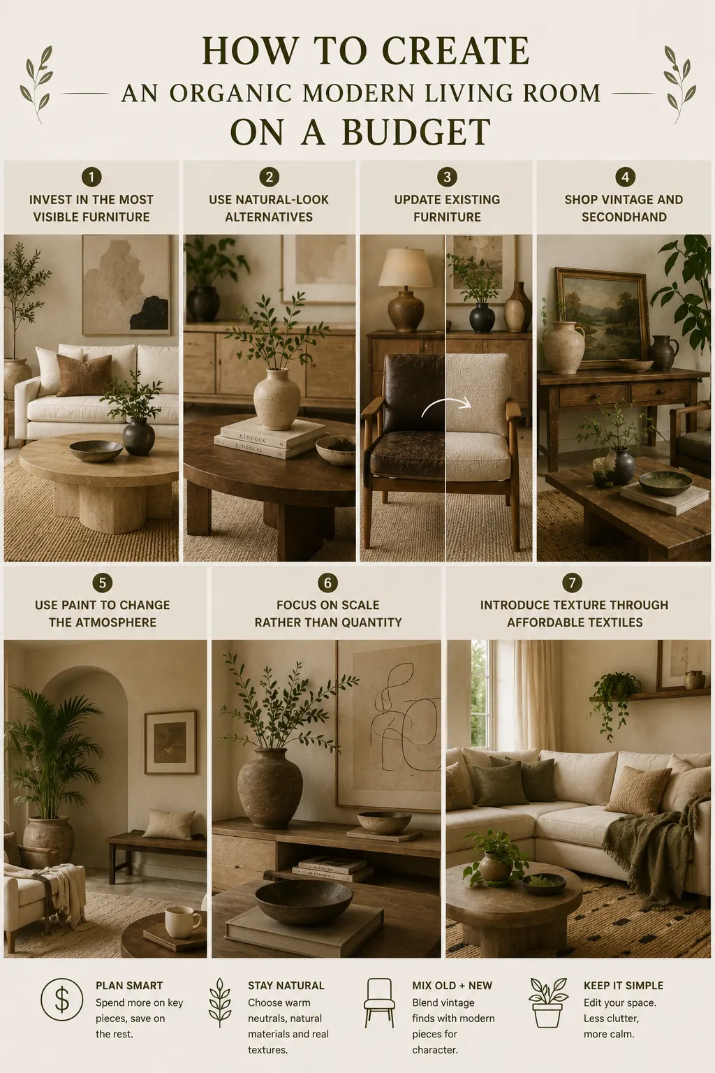 How to create an organic modern living room on a budget with affordable furniture, natural materials, warm neutrals, vintage finds and textured textiles.