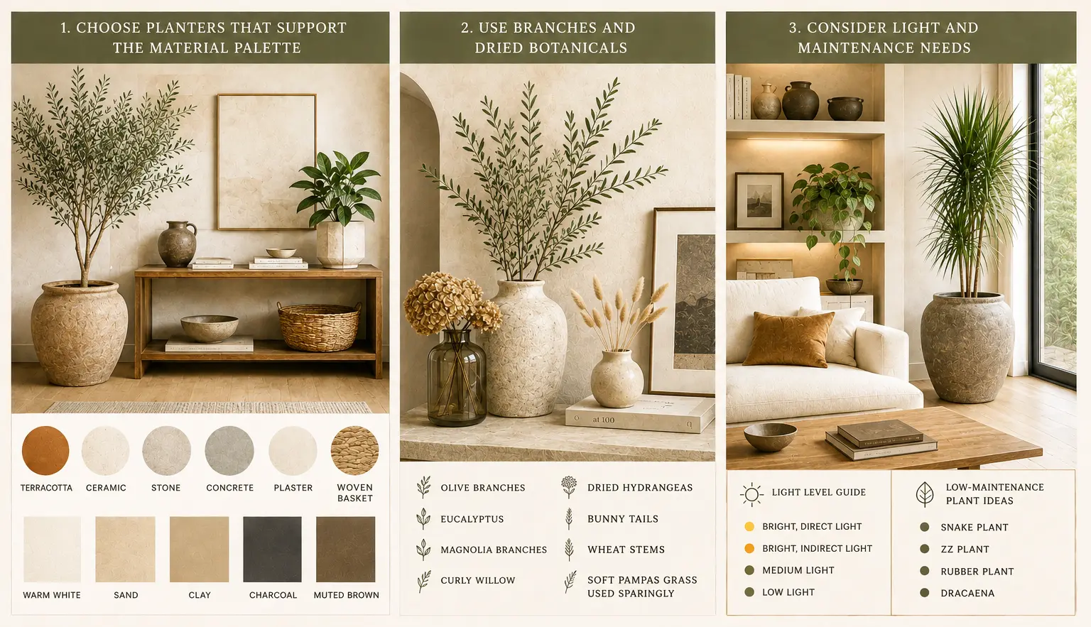 Organic modern living room plants and greenery guide featuring natural planters, dried botanicals, plant lighting needs and low-maintenance indoor plant ideas.